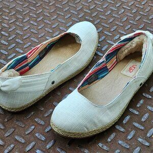UGG Women Flat Shoes White Fabric Upper Lamb Fur Back Bow Slip On Size 8US 39EU